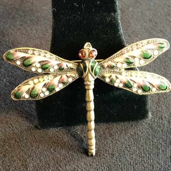 Green Enamel/Austrian Crystal Dragonfly Brooch - Picture 1 of 5
